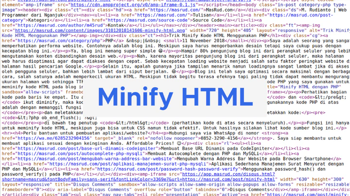 Teks besar "Minify HTML" di atas latar belakang potongan kode sumber website MasRud.com yang rapat tanpa spasi.